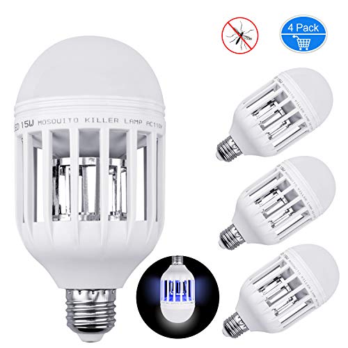 Inpher 4 Pack Bug Zapper Light Bulb, UV LED Mosquito Killer Lamp 1200LM 15W 2 in 1 Electronic Insect Killer, Fits in 110V E26 E27 Repellent Bulb Socket Base for Indoor Outdoor Porch Patio Backyard