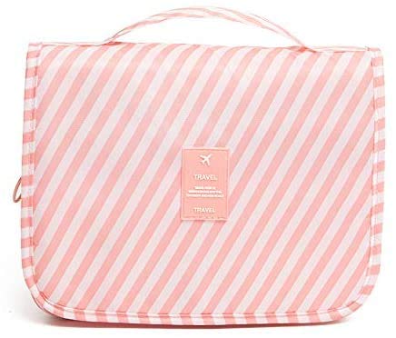 ALCIONO Makeup Hand Bag Portable Multi Brush Holder Bag For Travel, Home|Cosmetic Organizer Detachable Pouch for Women and Girls - Pink Stripes