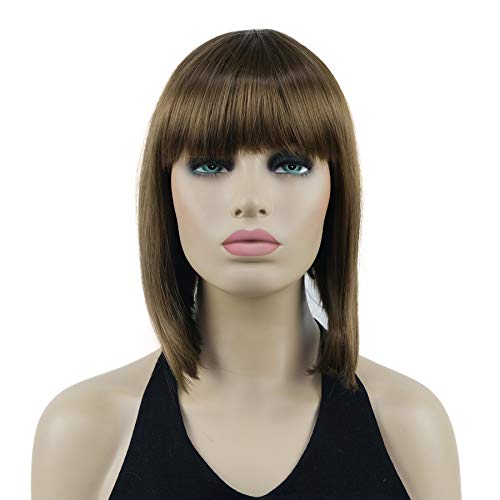 Lydell 10" Short Straight Bob Hair Wigs with Bangs Synthetic Hair Cute Wigs (12 Light Reddish Golden Brown)