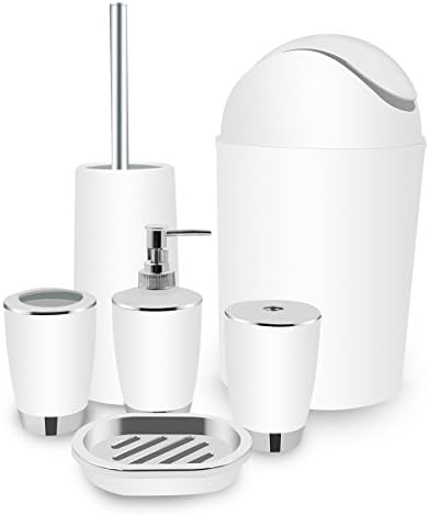 TEKITSFUN 6 Piece Plastic Bathroom Accessory Set, Luxury Bath Accessory Gift, Soap Dispenser, Lotion Dispenser, Soap Bar Holder, Tooth Brush Holder, Trash Can, Toilet Brush Set, Rinse Cup-White