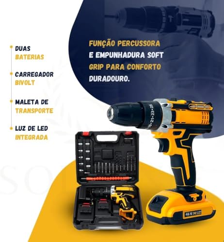 Furadeira e Parafusadeira de Impacto Sem Fio 48V Com LED, 2 Baterias Recarregáveis, Kit 32 Acessórios + Maleta Completa Premium – Alta Potência para Uso Profissional e Doméstico