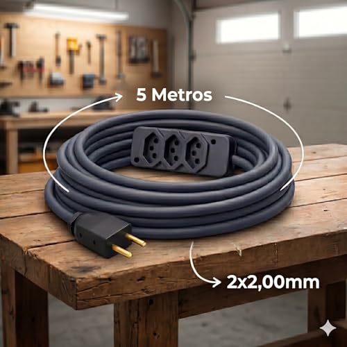 Extensão Elétrica Profissional Reforçada 5 Metros, 3 Tomadas 10A /20A, Cabo PP 2x2,00mm, Bivolt 250V, Preto, Uso Profissional e Residencial - 5m