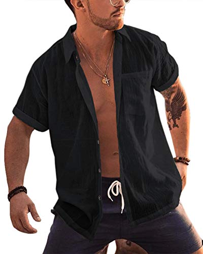 Runcati shirt men short sleeve beach shirt cotton linen reversible collar summer shirt mens leisure tee