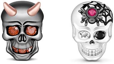 [2 Pack]"Classic Skull Set" Charm Set Sterling Silver with Rhodium Plated Black Devil Skull Spider Web Skull Combination Charm Bead Fit Bracelet/Necklace Halloween Jewelry Gift for Women Mens