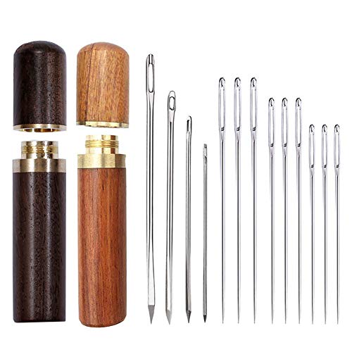 Mayboos 2 PCS Wooden Needle Case with Stitching Needles,Sewing Needles Storage for Storing Fine Needles Hand Crafts Knitting with 4 pcs Leather Stitching Needle and 9 pcs Sewing Needles