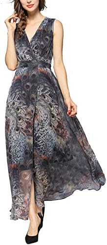 EvelynNY Womens Floral Peacock Evening Casual Split Loose Prom Party Maxi Dress