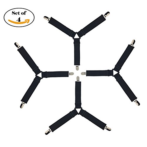 RayTour Bed Sheet Holder Straps, Adjustable Bed Sheet Fastener and 3 Way Mattress Cover Holder Fasteners The Triangle Bed Sheet Keeper with Heavy Duty Grippers Clips (Triangle – Black- Set of 4)