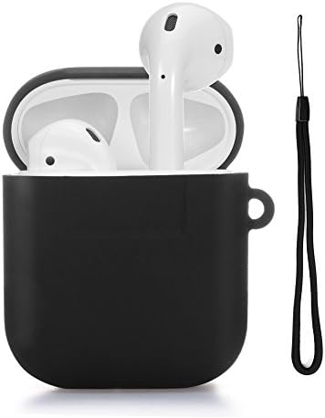 TomRich T350 Silicone AirPods Strap Case [Black] - [Cushion Protection] [Added Lanyard] - for Apple AirPods Case