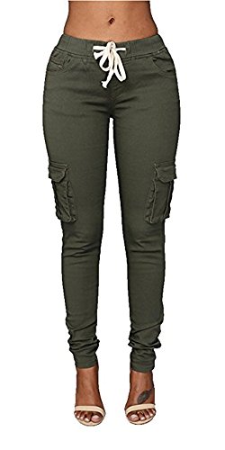 Coutgo Womens Casual stretch drawstring skinny pants cargo jogger pants (XXXL, green)