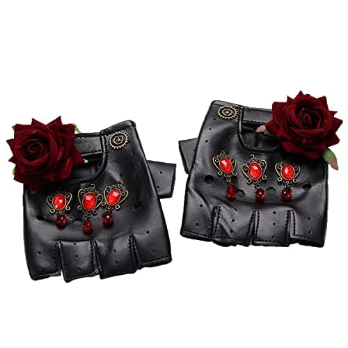 COSDREAMER Women Steampunk Gears Rose Fingerless Gloves Punk Gothic Mittens (red) — image 1