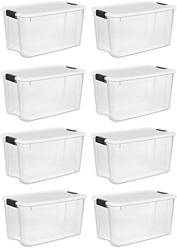 Sterilite 19889804 Storage Boxes,White Lid &amp; Clear Base with Latches,70 Quart/66Liter,4-Pack (70-Quart (8-Boxes))