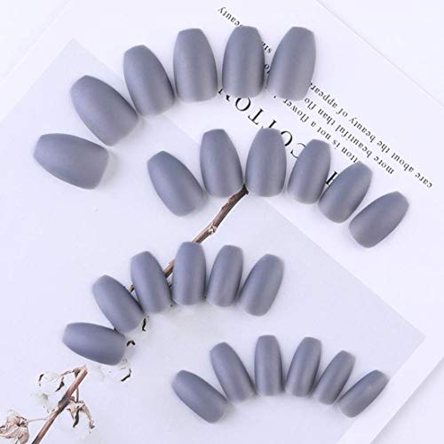 24pcs Pure Color Coffin Nails Matte False Gel Nails Art Tips Sets Full Cover Medium False Nails for Ballerina Cosplay Office Lady (Gray)