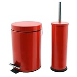 Bathroom Pedal Bin and Toilet Brush Set - 3 Litre Bin - Red Finish