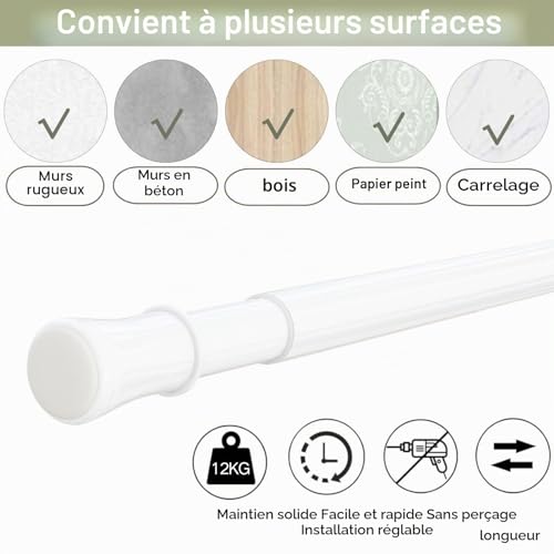 Curtain Pole with Clip on Curtain Pole without Drilling Telescopic Shower 85-265 cm Diameter 32 mm
