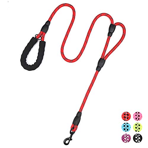 Strong Rope Dog lead 6ft Long with Two Padded Handles,Heavy Duty,Reflective Double Handle Training Dog Lead for Large Dogs or Medium Dogs,Dual Handles Leash(Red)