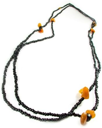 Fair Trade Strand Necklace, African Long Brown Brown Wood and Black Glass Beads