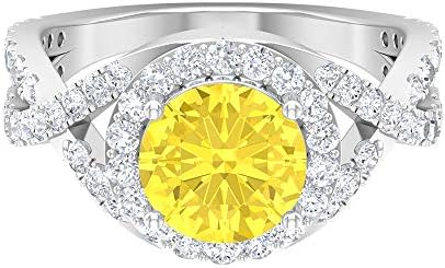 スプリットシャンクエンゲージリング 3カラット D Vssi モアッサナイト 8mm ソリティアイエローサファイア人工リング宝石ハローリングウェディングアニバーサリーギフト 14k ホワイトゴールド Size 13 Modernzeg Hu