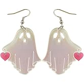 Acrylic Heart Ghost Dangle Earrings for Women Resin Transparent Handmade Cute Pink Heart Dangle Drop Fish Hook Stud Halloween Costume Cosplay Party Jewelry