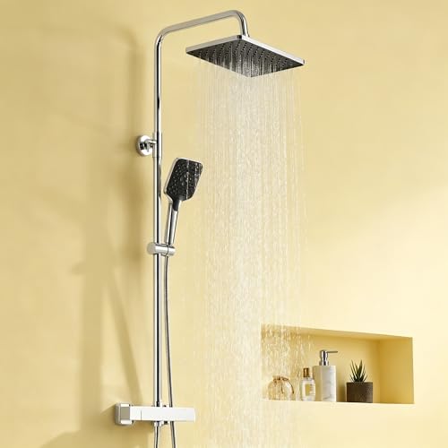 Auralum Duscharmatur Regendusche Komplettset mit Messing Thermostat-Armatur, Edelstahl Duschsystem mit 3-Strahl-Handbrause, höhenverstellbarer Duschst