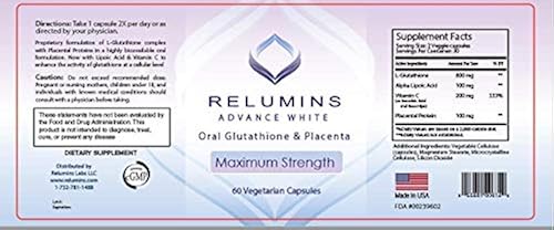 Relumins Advanced White Glutathione Capsules - Max Strength Brightening  Supplement with ALA, Placenta, Rose HIPS & Vitamin C - Fights Oxidative  Stress, Supports Collagen & Made in USA