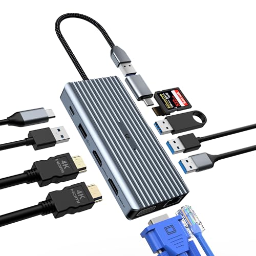 Tymyp 12 in 1 USB C Hub, USB C Docking Station, Triple Display via VGA, 2 * HDM…