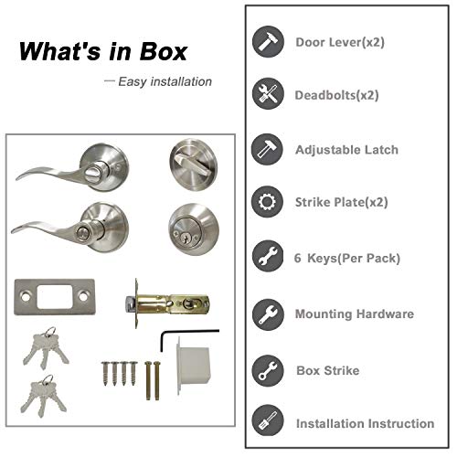6 Pack Entry Lock with Single Cylinder Handleset Satin Nickel, Keyed Alike(Combo Pack), Wave Style Door Lever Lockset for Entrance Front Bed/Bath Doors