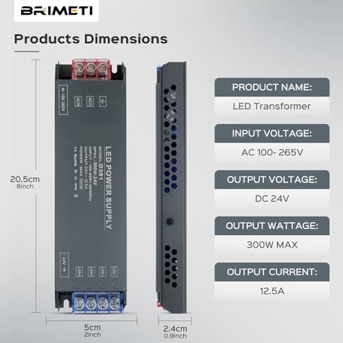 BRIMETI Transformer 220 V 24 V LED Driver 300 W Ultra Slim Transfo 12.5 A Power Adapter, 220 V AC to 24 V DC Converter, Low Voltage Power Supply Constant LED Transfo