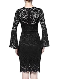 DISBEST Vestido de noche para mujer, estilo vintage, floral, manga larga, cuello redondo, encaje, cóctel, fiesta