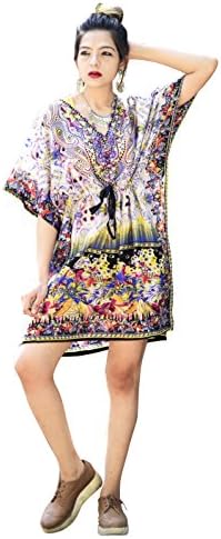 Hastkala Women's Bohemian Floral Print Party Kaftan Evening Short Dress 35” To 37" Long (approx) Multi
