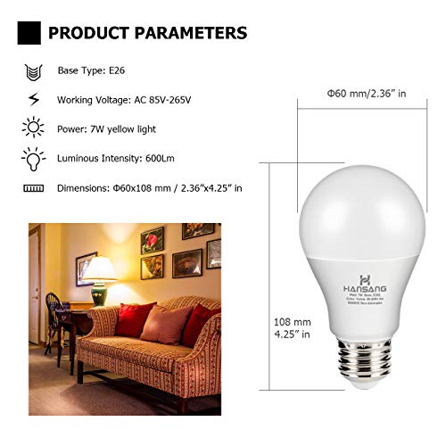 Hansang A19 LED Bug Light Bulb Yellow Color Bulb,7 Watt (60W Equivalent) E26 Medium Base Outdoor Porch Lights, Amber Bedroom Night Light Bulb Bugs Free Bulbs,4 Pack