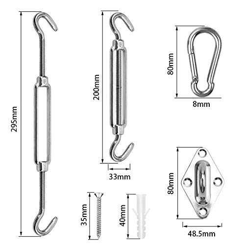 Sekey Sonnensegel Befestigungs Kit Zubehör Montage 8 Zoll, zur Befestigung von rechteckigen und quadratischen Sonnensegel, Karabiner Montageset aus Edelstahl, 40-teilig – Bild 2