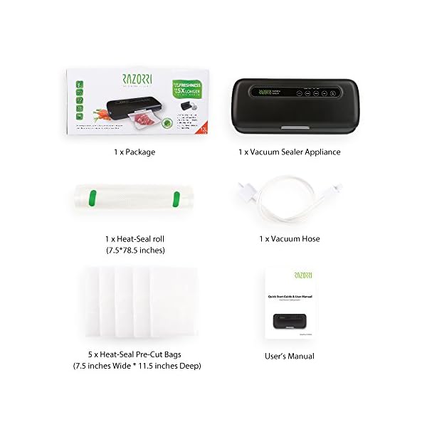 Razorri-E5200-M-Vacuum-Sealer-with-Starter-Kit-for-Food-Sous-Vide-Cooker-Compact-and-Full-Function-includes-Rolls-and-Bags-Easy-to-use-Indicator-Lights-Vacuum-Speeds-Selectable-Black