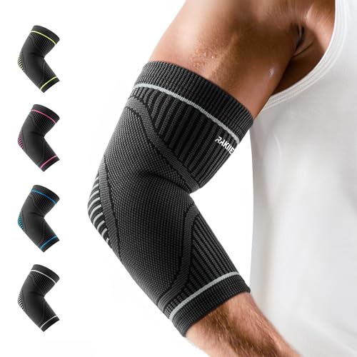 Rakiie Elbow Compression Sleeve 2 Pack, High Elastic Elbow Brace for Tendonitis and Tennis Elbow for Women & Men, Elbow Sleeve for Tennis, Golfer, Badminton, Weightlifting, Grey M