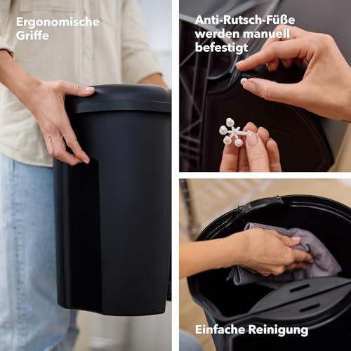 Rotho Duo – Waste Bin 2 x 10 L for Waste Separation with Lid and Pedal, Plastic (PP) BPA-Free, Black, 2 x 10 L (39 x 32 x 40.5 cm)