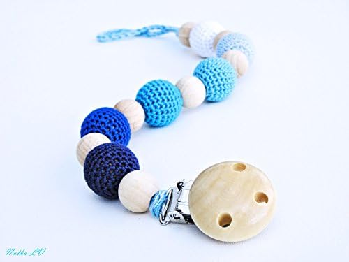 Pacifier clip, dummy chain, crochet pacifier holder, blue crochet beads, natural teething toy, toy holder, natural, gift for baby boy