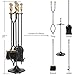 AMAGABELI GARDEN & HOME Fireplace Tools Set 5 Pieces Log Gold Handle Wrought Iron Fire Set with Stand Holder Fireset Fire Pit Indoor Outdoor Tongs Shovel Brush Poker Wood Stove Hearth Accessories