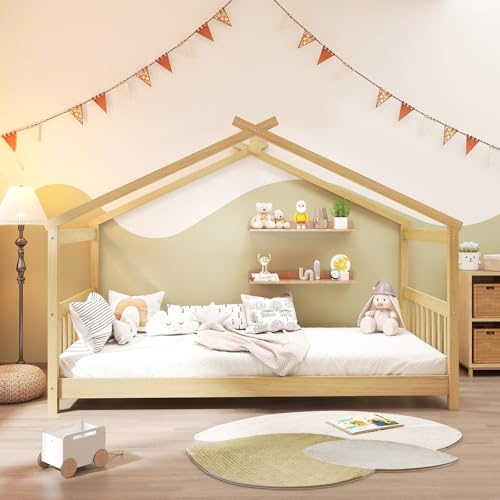 GORELAX Twin Bed Frame, Low Floor Kid House Bed with Roof, Montessori Floor Bed, Headboard & Footboard, No Box Spring Needed, Wood Twin Size Platform Bed Frame for Boys, Girls (Natural, Twin)