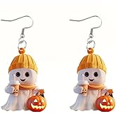 Cute Ghost Pumpkin Acrylic Dangle Drop Cartoon Earrings for Women Lightweight Statement Handmade Ghost Holding Coffee Hook Earring Funny Halloween Costume Party Holiday Festive Jewelry Gifts