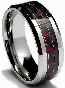 Tungsten Carbide & Red /Black Carbon Fiber Inlay in 8mm -Available in Sizes 7-15 (7.5)
