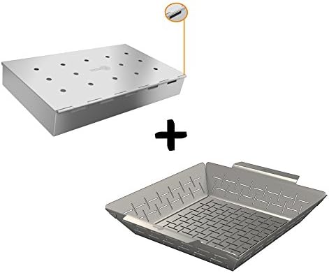 Smoker Box Wide + Vegetable Grill Basket - DISHWASHER SAFE STAINLESS STEEL - Large Non Stick BBQ Grid Pan For Veggies Meat Fish Shrimp &amp; Fruit - Best Barbecue Wok Topper Accessories Gift for Dad