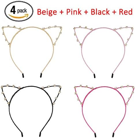 Cat Headband Rhinestone Cat Ear Headband Crystal Hair Hoop Girls Kids Party Decoration Headdress Cosplay Costume Headwear Halloween Makeup Handmade Headpiece Hair Band Elastic Hair Accessories 4 Pack