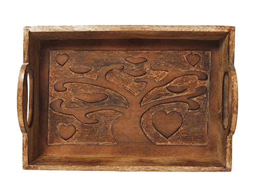 Fatherâ€™s Day Gifts Tree of Life Hand Carved Wooden Breakfast Serving Tray with Handle for Tea Snack Dessert Kitchen Dining Serve-ware Accessories 15 x 10 Inches