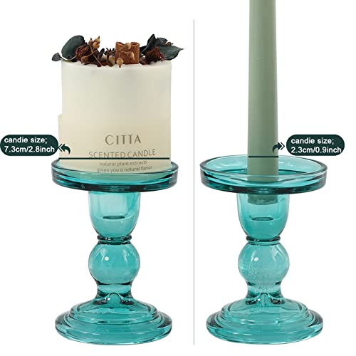 Set of 4 Glass Candle Holder Set Clear, Green Candlesticks Holders Pillar Taper Candles Tealight Stand for Wedding Centerpieces Home Decorations Dining Table