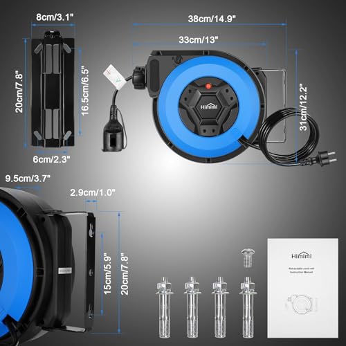 Himimi Automatic Electric Cable Reel with Stand 15 m + 2 m, 1500 W ~ 3000 W Automatic Cable Drum, Extension 180° Swivel, Wall Mounting, Suspended, Protection Degree IP44
