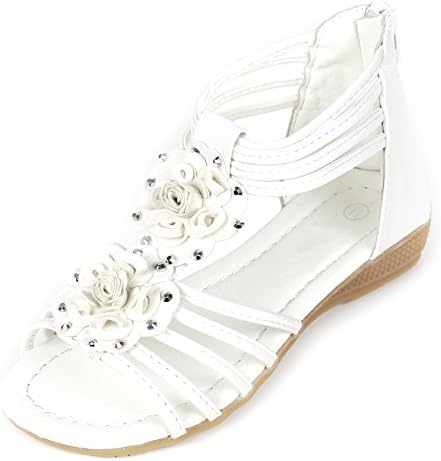Girls Kids Gladiator Strappy Floral Dress Flat Flip Flops Sandals Shoes (11, White)