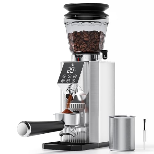 AMZCHEF Burr Coffee Grinder - 45 Precise Grind Settings for Espresso/Cold Brew, Adjustable Portafilter Holder & LED Touch Display, Anti-Static, Home Use