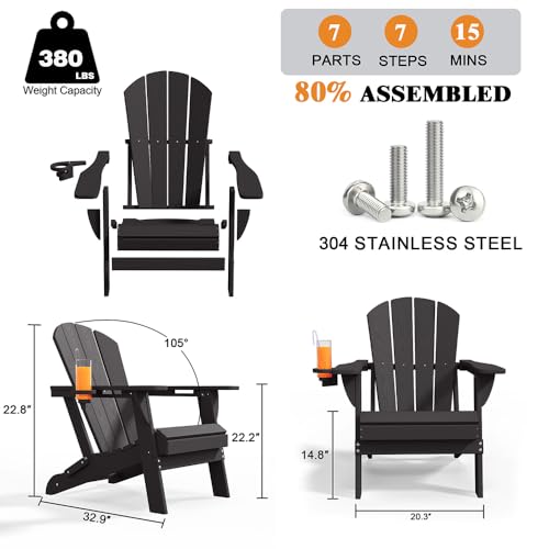 Patio Kingdom Folding Adirondack Chairs with Cup Holders, Set of 6 HDPE Plastic Outdoor Chairs, Weather Resistant, Real Wood Look, Heavy-Duty Patio Furniture for Deck, Fire Pit, Backyard, Black