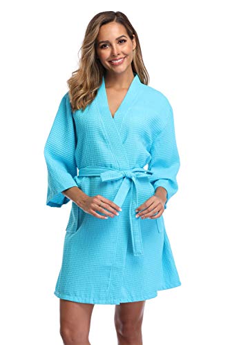Vogue Bridal Waffle Weave Kimono Robe with Embroidered Bathrobe for Bridesmaid,Sky Blue