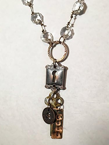 Copper, necklace, pendant, shabby chic, bo ho, vintage key, and blue rhinestone pendant