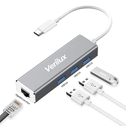 Verilux® USB C to Ethernet Adapter,Gigabit Ethernet LAN Adapter,USB Type C Hub with RJ45 Network LAN Port and 3 USB 3.0 Ports for PC, MacBook, Mac Pro, Mac Mini, iMac, Surface Pro, XPS, PC